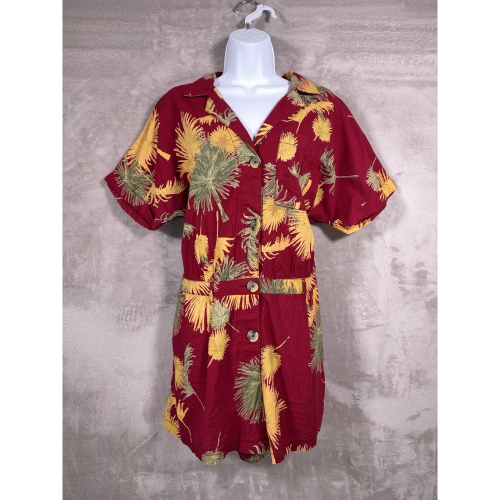 Free People Romper Womens Large Red Tropical Floral Button Front Boho Beach Chic